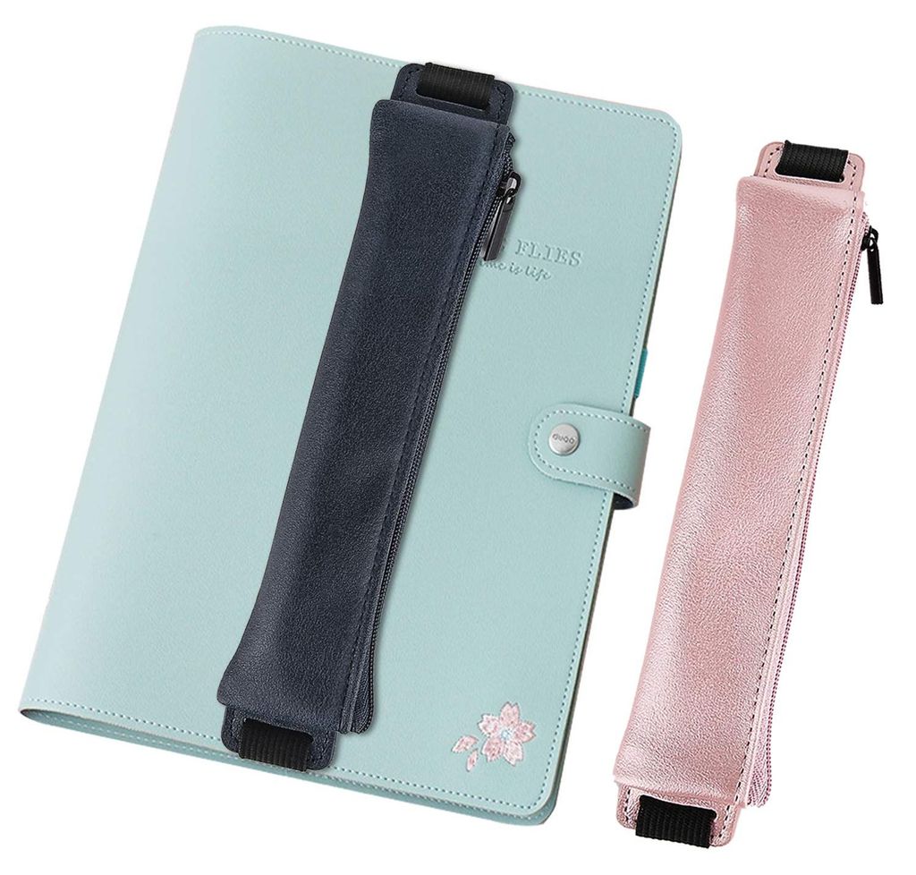 2-teiliges Federmäppchen-Set, Federmäppchen aus Kunstleder mit Gummiband, Stifthalter für Planer, Notizbuch, Schulbedarf, Roségold & Dunkelblau