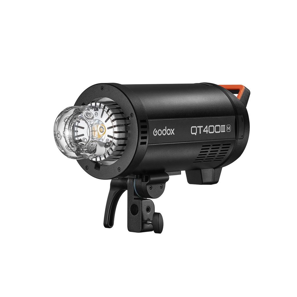 A studio flash light on a white background.