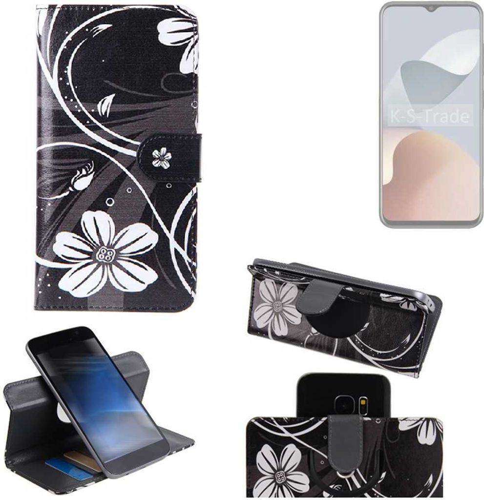 K-S-Trade Schutzhülle Handyhülle kompatibel mit ZTE Blade A73 Hülle 360° Wallet Case “Flowers“ Klapphülle Hülle schwarz-weiß 1x