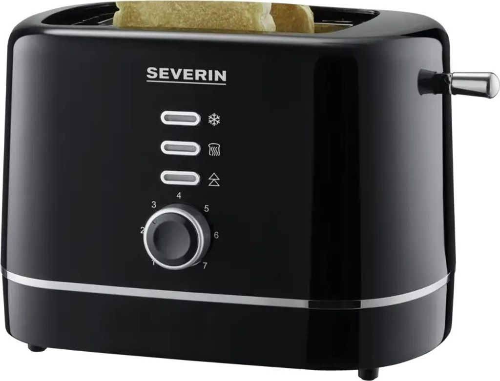 A black Severin toaster with two slices of toast in it.
