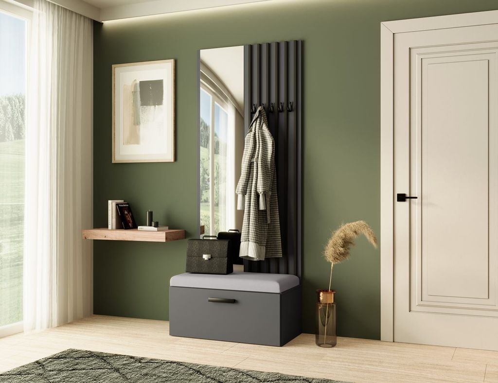 Garderobe MARGARET II, Farbe: Graphit + Schwarze Lamellen + Grau, mit Spiegel