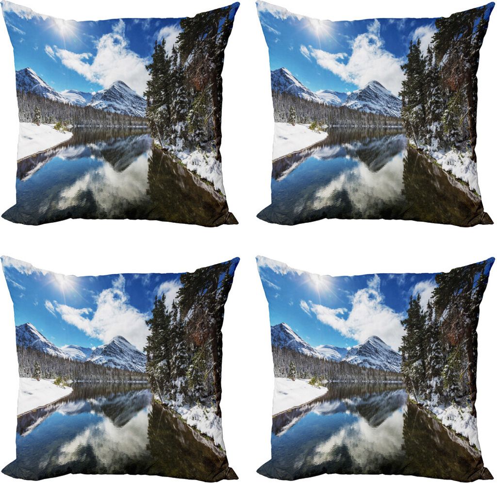 ABAKUHAUS Winter Kissenbezug Set (4 Stück), Ruhige Nationalpark, Moderner Doppelseitiger Digitaldruck, 40 cm x 40 cm, Braun Blau Weiß