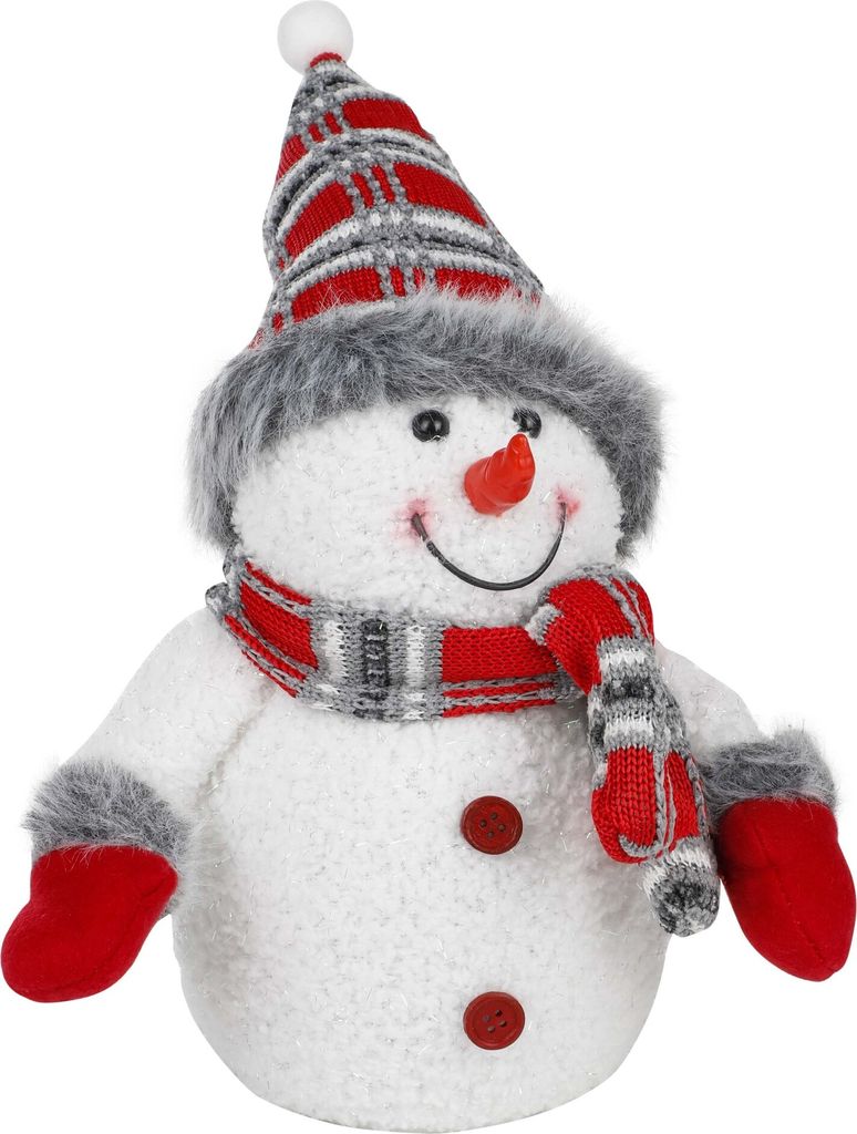 A plush snowman decoration with a hat and scarf.
