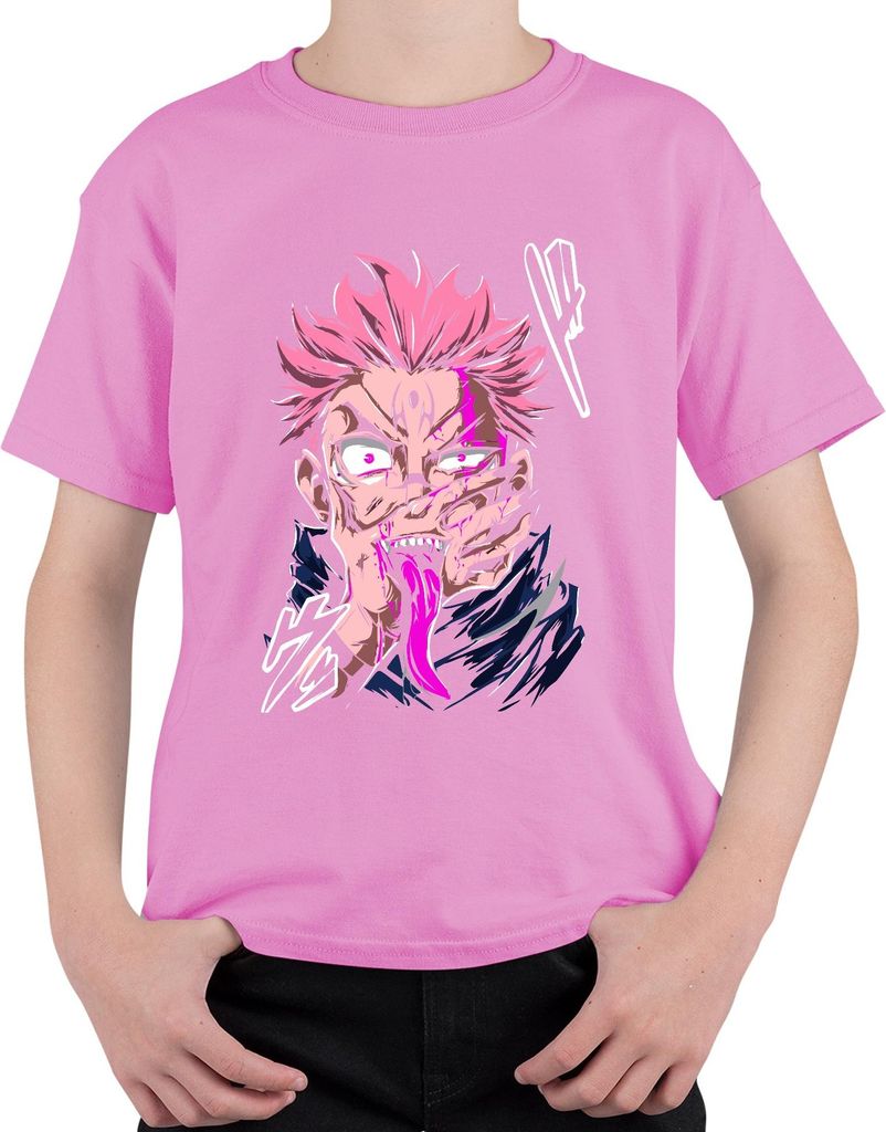 Anime Dämon rosa Haare Anime Ästhetik Zunge Fänge Horror Halloween Uni Kinder T-Shirt, Pink, 104