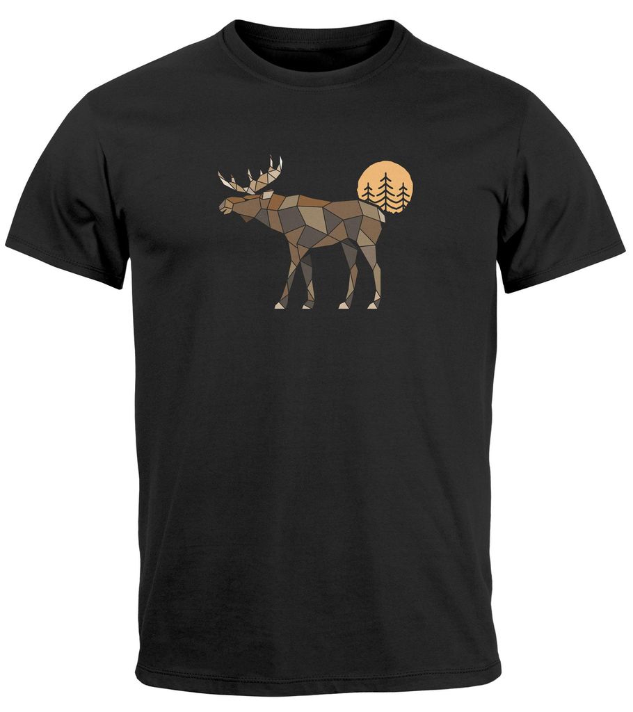 Herren T-Shirt Shirt Printshirt mit Aufdruck Polygon Elch Outdoor Motive Wandern Natur Wald Fashion Streetstyle Neverless schwarz L