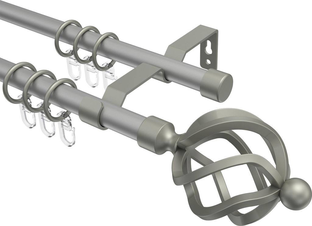 Interdeco Gardinenstange / Vorhangstange Silbergrau / Chrom matt, Typ Olymp Paolo (Schmiedekugel), 16 mm Ø 2-läufig, 160 cm