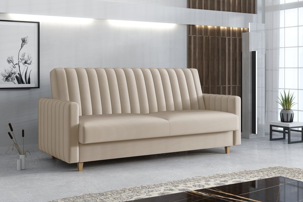 Emoebel24 Sofa mit Schlaffunktion, Bettcouch, Schlafsofa mit Bettkasten Grace Creme 210x97x90 cm