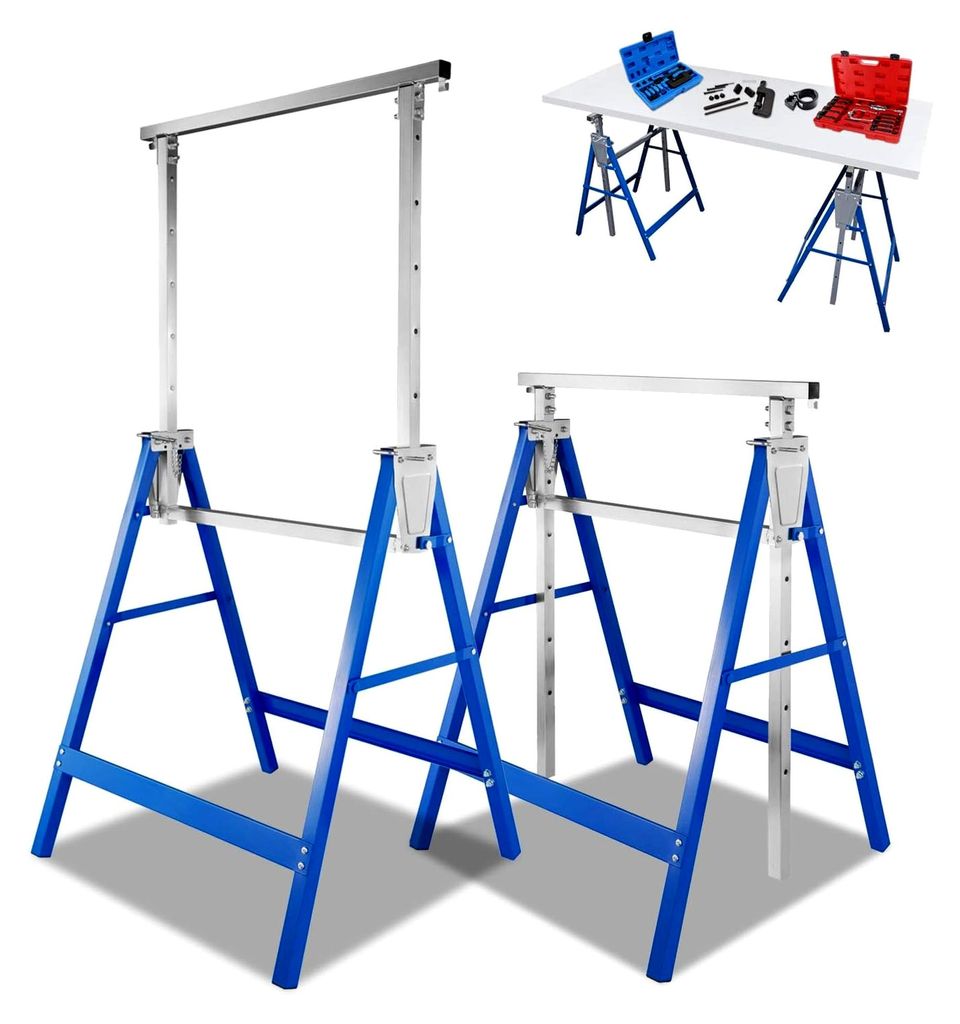 Gerüstbock, 2 Unterstellböcke 7-fach höhenverstellbar 80-130 cm, klappbar, Metall, Tragkraft 200 kg, Blau Silber