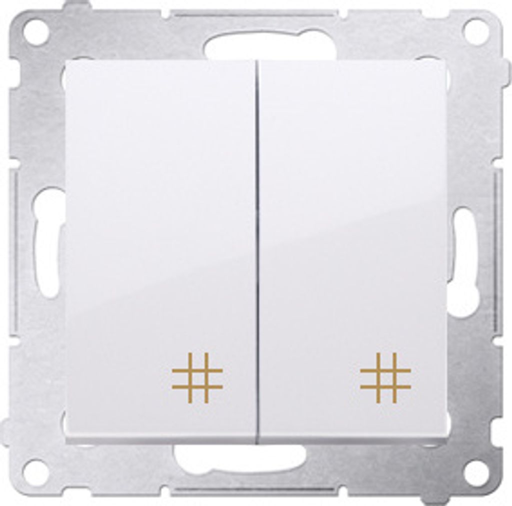A white double light switch with gold hash markings on a white background.