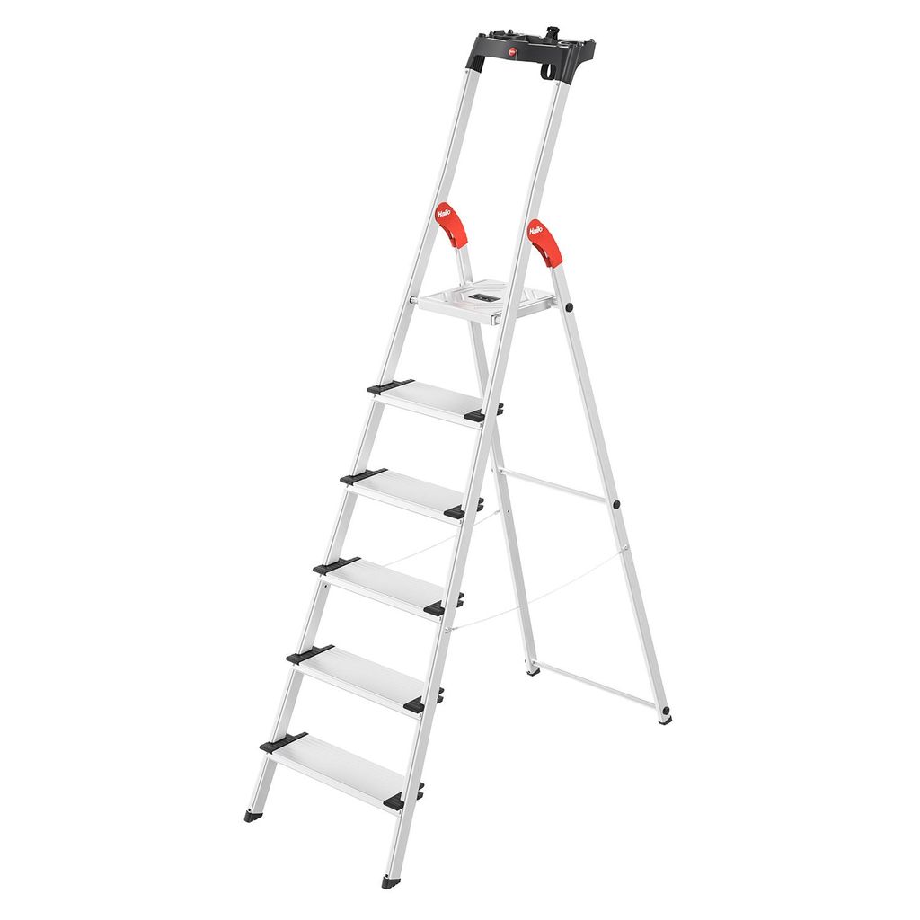 Hailo L80 ComfortLine Alu-Sicherheits-Stehleiter - 6 XXL-Stufen belastbar bis 150 kg - Tiefe Standfläche - Stehleiter mit Ablage - klappbare Alule...