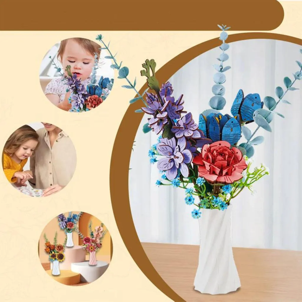 Set Fiori Da Costruire Con Blocchi, Bouquet Artificiali Fai Da Te Con Custodia Antipolvere - Regalo Per Adulti E Bambini (Rosa Blu) - 3