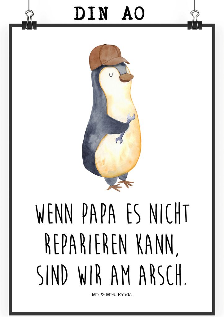Mr. & Mrs. Panda Bild Wenn Papa es nicht reparieren kann, sind wir am Arsch DIN A0 - Weiß - Geschenk, Handwerker, Pinguin, Vatertag, Wandbild, Mut...