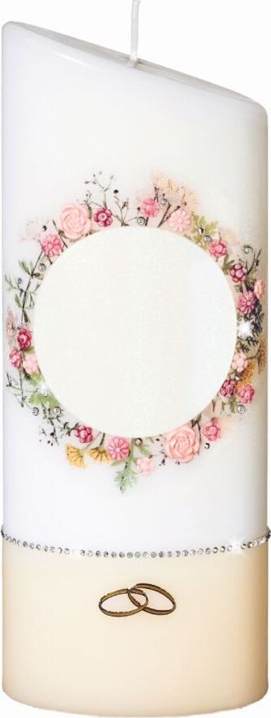 Hochzeitskerze Blumenkranz mit Namensverzierung und Geschenkkarton, Ellipse abgeschrägt