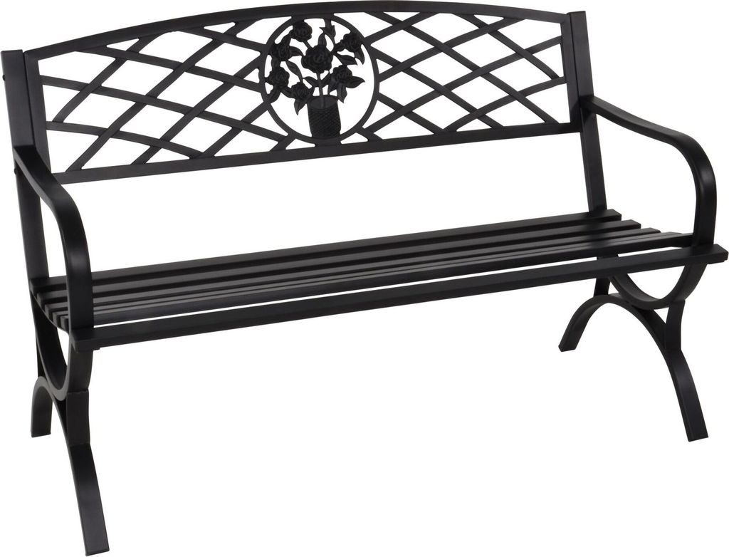 A black metal garden bench with a decorative backrest.