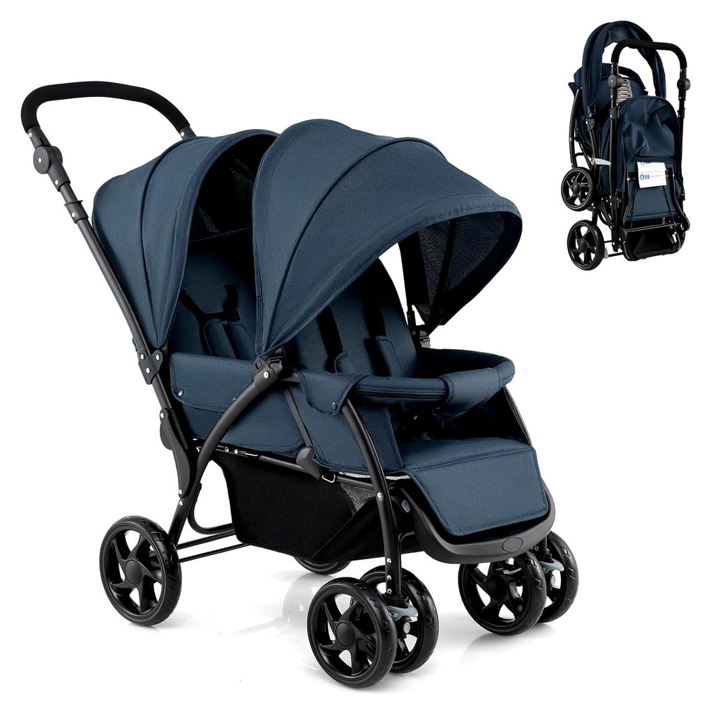 Klappbarer Geschwisterwagen, Zwillingswagen mit verstellbarer Rückenlehne und Verdeck, Reisebuggy mit Liegefunktion, Zwillingsbuggy für Babys ab ...