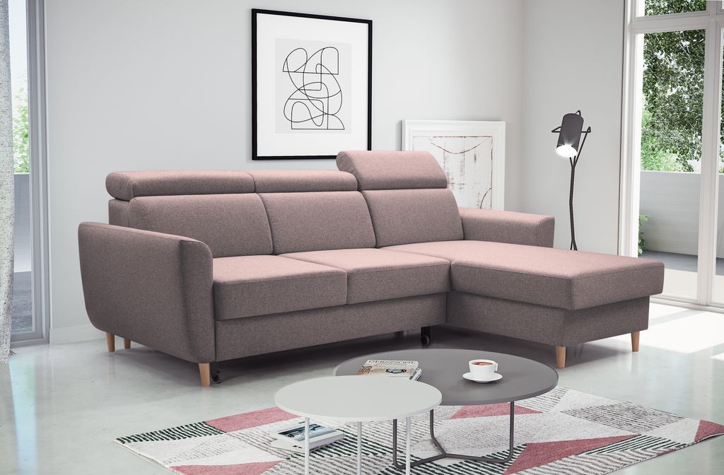 Modernes Ecksofa GUSTAW, Eckcouch mit Schlaffunktion + Bettkasten, Corner Sofa mit universelle Ottomane (Stoff: denver 05 - cappucino)