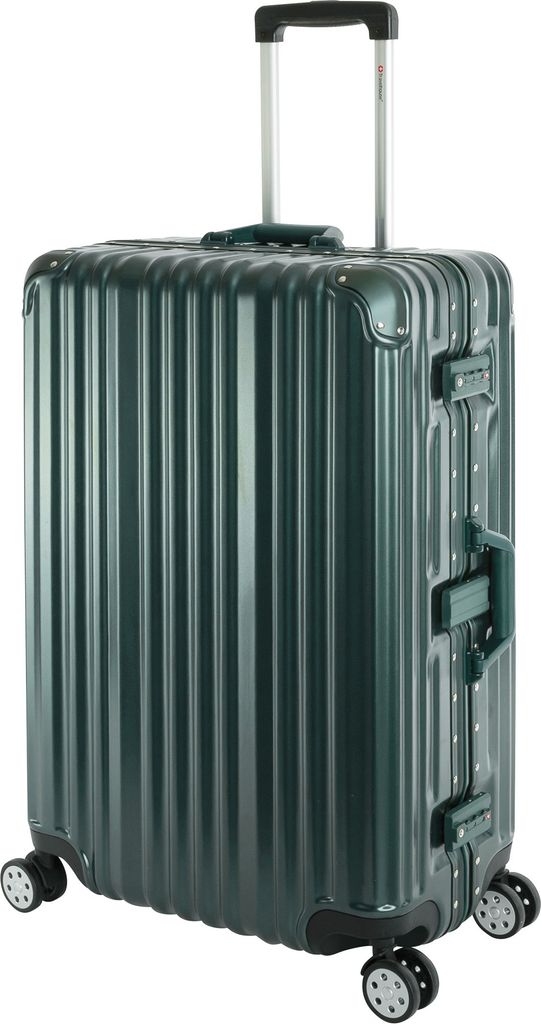 A green hard-shell suitcase with four wheels and a retractable handle.