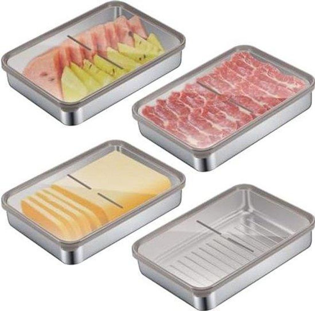 Ein Set aus 4 Edelstahl- Lebensmittelbehältern mit transparenten Abdeckungen.