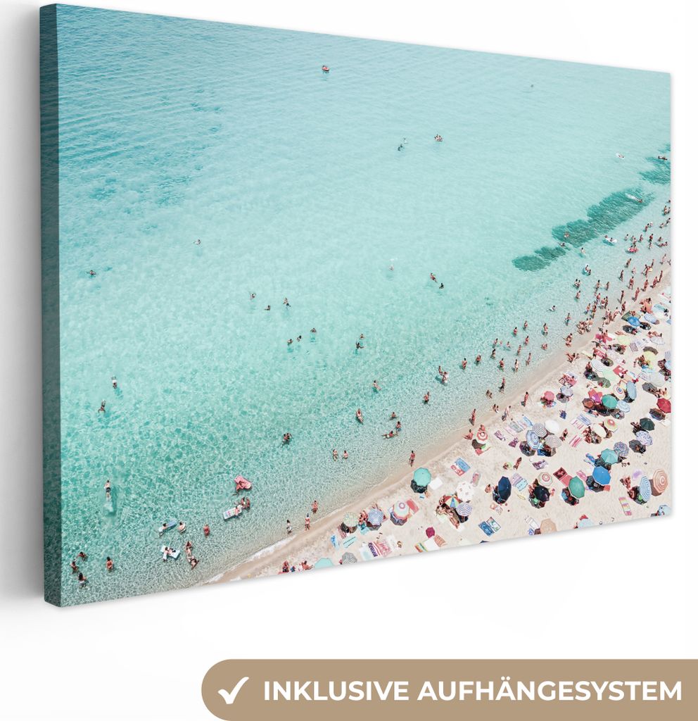 OneMillionCanvasses - Leinwandbilder - 140x90 cm, Meer - Strand - Sonnenschirme - Blau - Sommer, Wandbilder Kunstdruck Wanddekoration - Foto auf ...