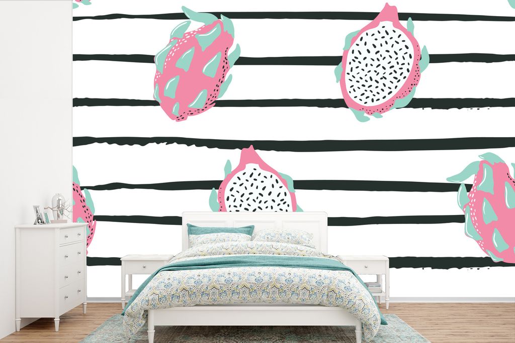 MuchoWow Fototapete für Wohnzimmer oder Schlafzimmer Wandtapete Vinyl Motivtapete Sommer - Obst - Streifen - 450x300 cm - Gemusterte