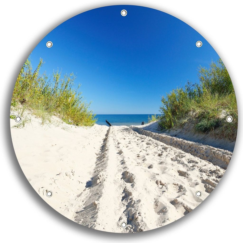 Wallario rundes Outdoor-Poster für Garten oder Balkon, Motiv Auf dem Sandweg zum Strand - Blauer Himmel über dem Meer, 30 cm Durchmesser