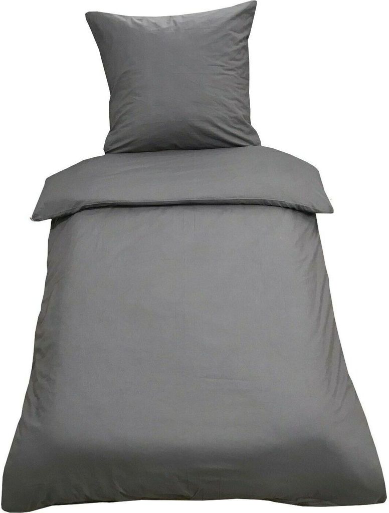 A gray duvet cover and pillowcase set laid out on a white background.
