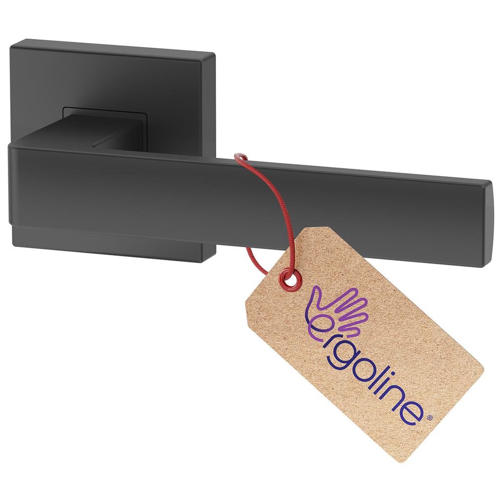A black door handle with a tag attached.