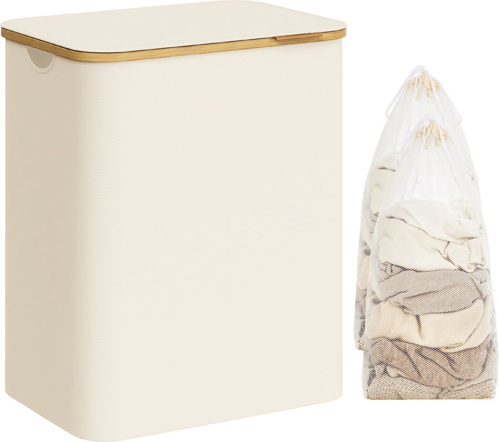 A laundry basket with a lid and a separate mesh bag filled with laundry.