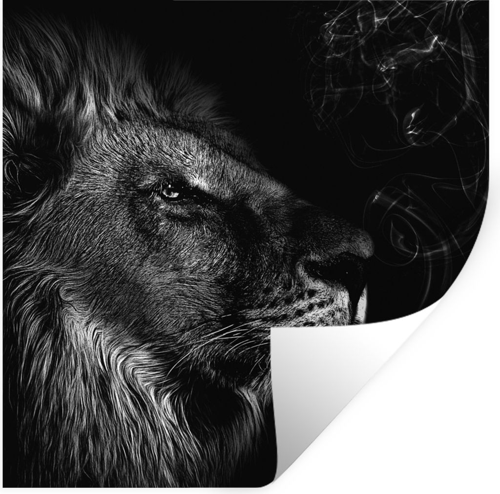 MuchoWow Wandtattoo Wandsticker Wandaufkleber Löwe - Rauchen - Schwarz - Weiß 30x30 cm Selbstklebend und Repositionierbar - Repositionierbar - ...