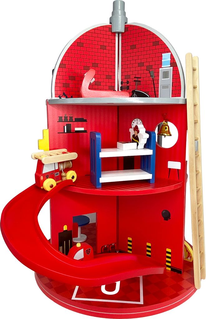 Teamson Kids Feuerwehrstation aus Holz Spielset mit 24 Figuren Farbenfrohes Abenteuer