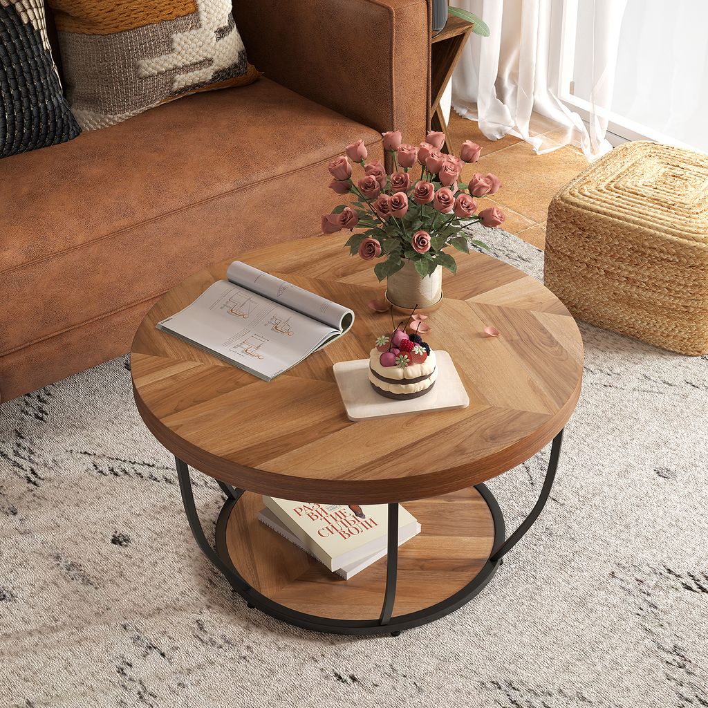 Tavolino Rotondo COSTWAY A 2 Ripiani In Legno E Metallo – 80x80x45 Cm, Stile Industriale, Piedini Regolabili