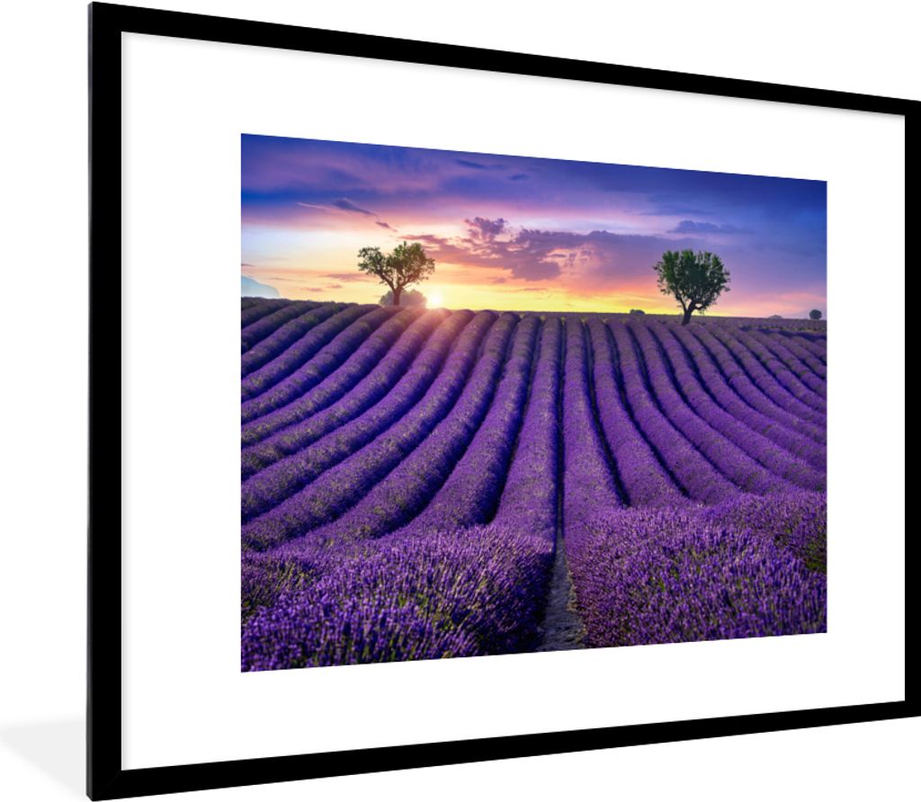 MuchoWow Gerahmtes Poster Lavendel - Hügel - Sonnenuntergang - Bpmen - Lila 80x60 cm - Poster mit Schwarzem Bilderrahmen Wandposter Rahmen Foto ...