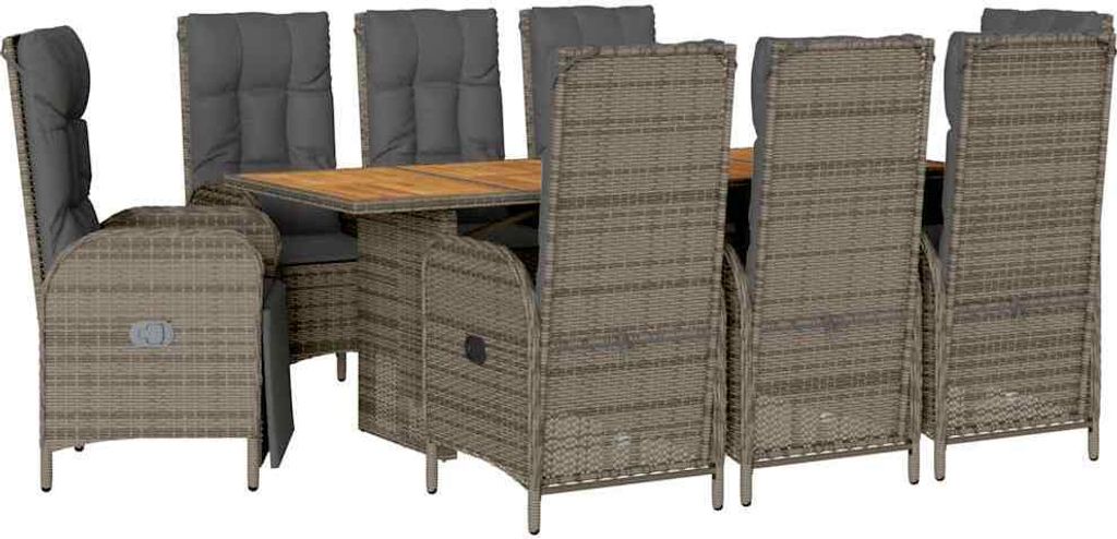 vidaXL 9-tlg. Garten-Essgruppe mit Kissen Grau Poly Rattan