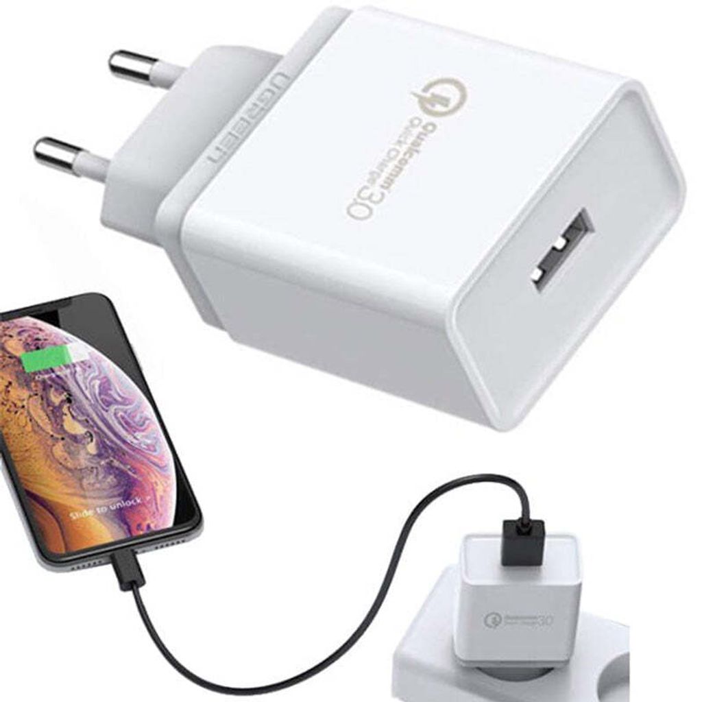 Cargador de pared UGREEN USB-A QC 3.0 de 18W, color blanco, Imagen del producto 