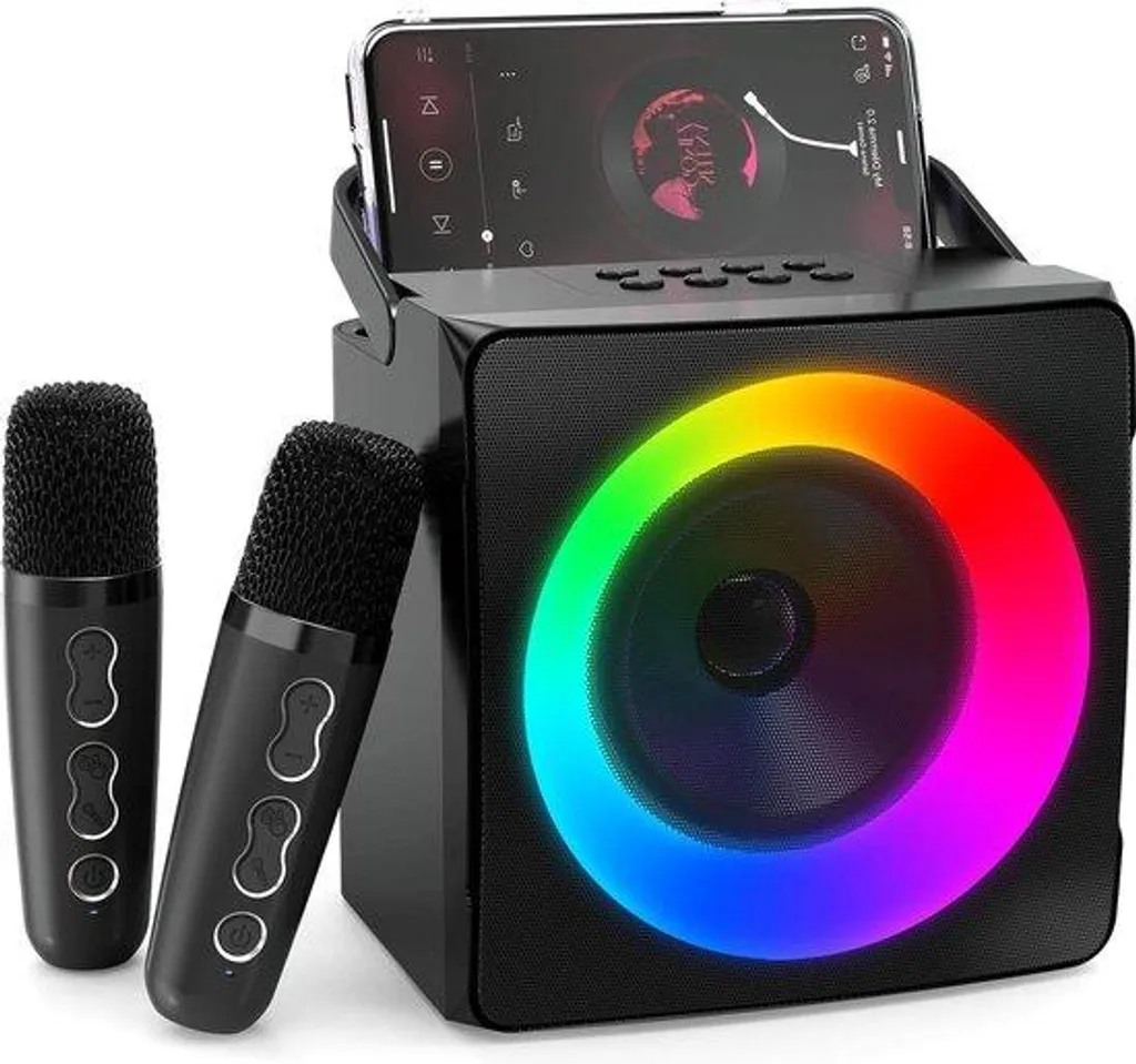 Machine karaoké de soirée noire portable à effets LED et micros