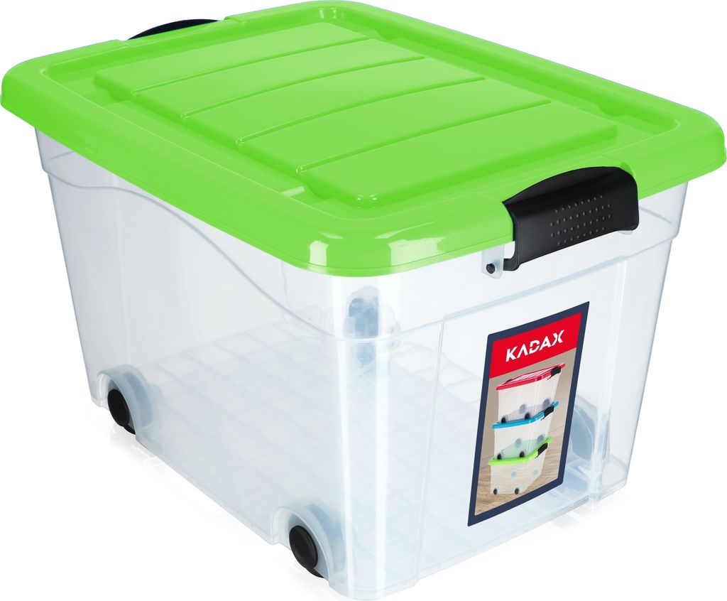 KADAX Kunststoffbehälter mit Rollen, Ordnungsbox, Aufbewahrungsbox mit Grün Deckel, 40L