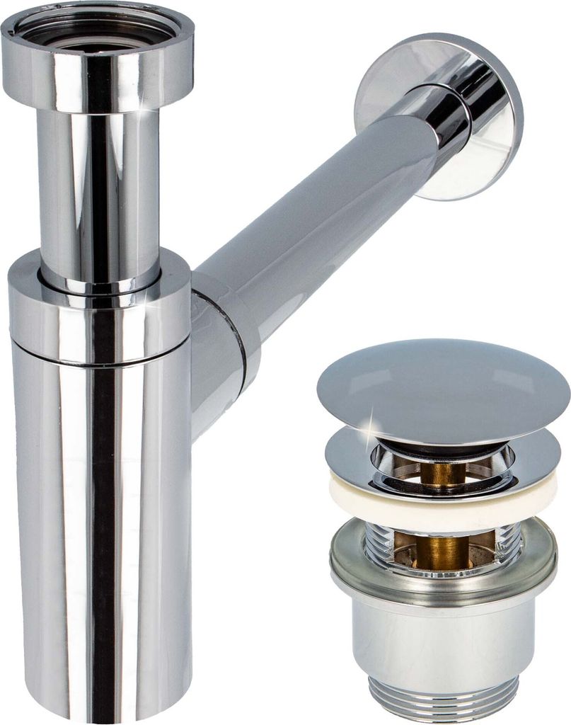 tecuro Siphon extra lang mit Pop Up Ablaufventil verchromt - Universal Set für Waschtisch / Waschbecken