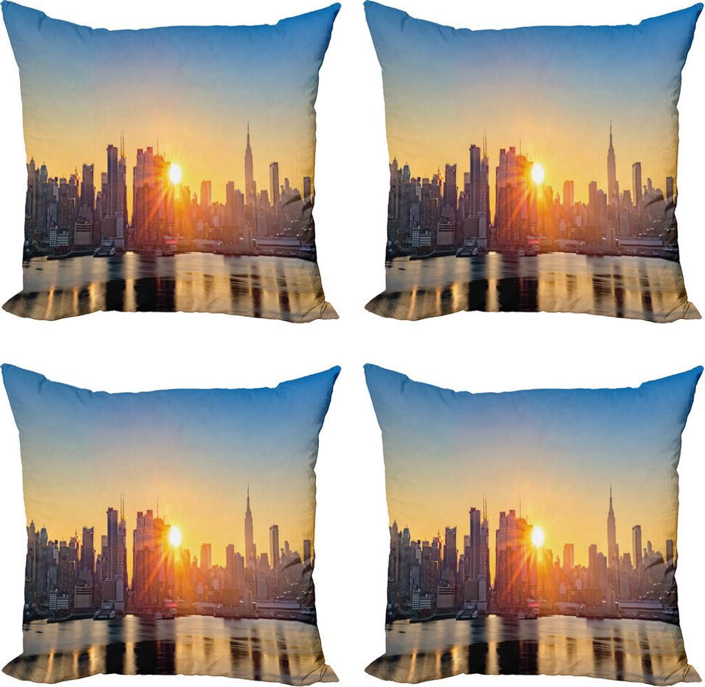 ABAKUHAUS Stadt Kissenbezug Set (4 Stück), Ruhige Sonnenaufgang Midtown, Moderner Doppelseitiger Digitaldruck, 45 cm x 45 cm, Pale Blue Peach Tan