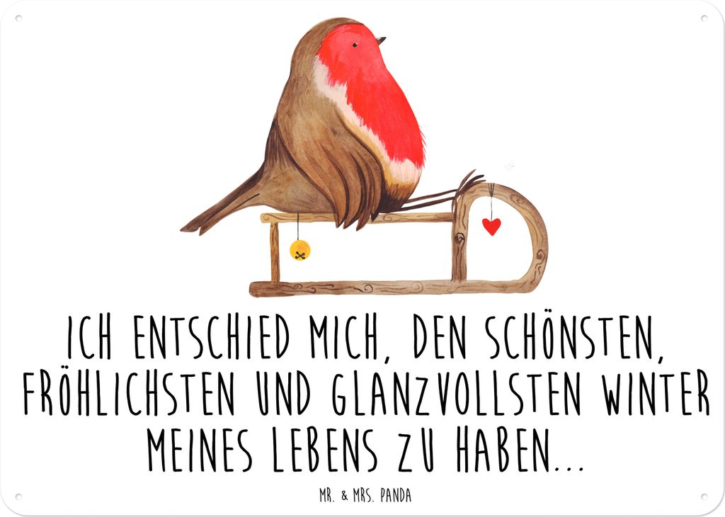 Mr. & Mrs. Panda Wandbild Rotkehlchen Schlitten DIN A6 - Weiß - Geschenk, tafel, Weihnachten, Magnetschild, Schild, Türschild, Vogel, Blechschild