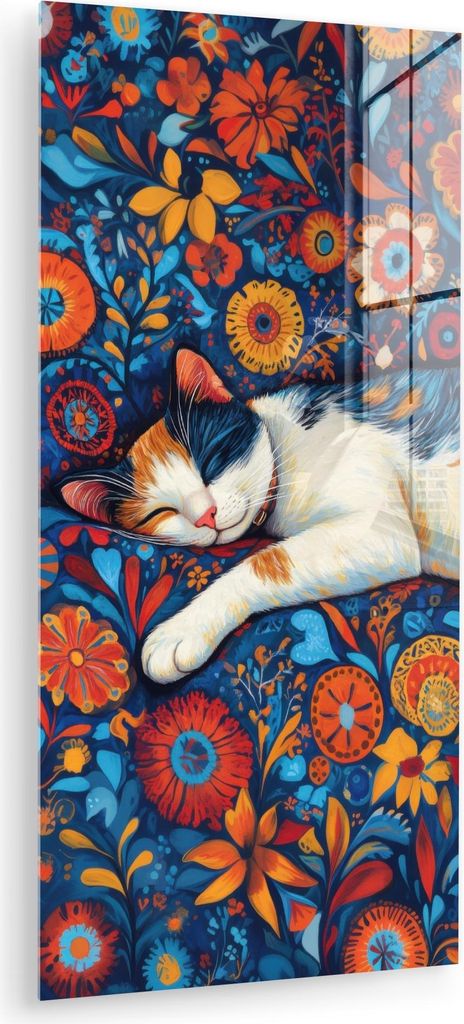 MuchoWow Glasbilder - Bilder auf Wandbild - Foto auf Glas Katze - Blumenmuster - Blau - Orange 40x80 cm Wanddekoration aus Glas - Acrylglasbild - A...