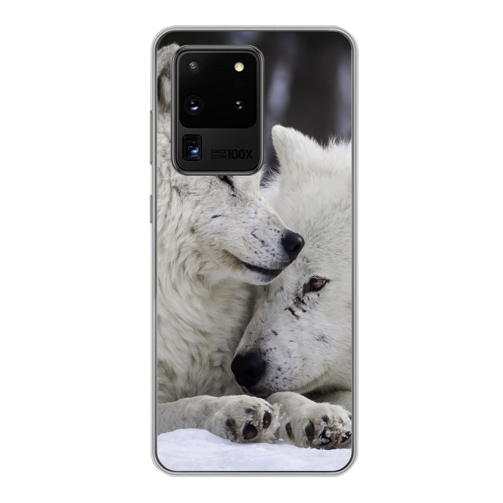 MuchoWow Handyhülle Schutzhülle Hülle für Samsung Galaxy S20 Ultra Wölfe - Schnee - Familie Silikon Softcase Handy Hülle - Karteninhaber
