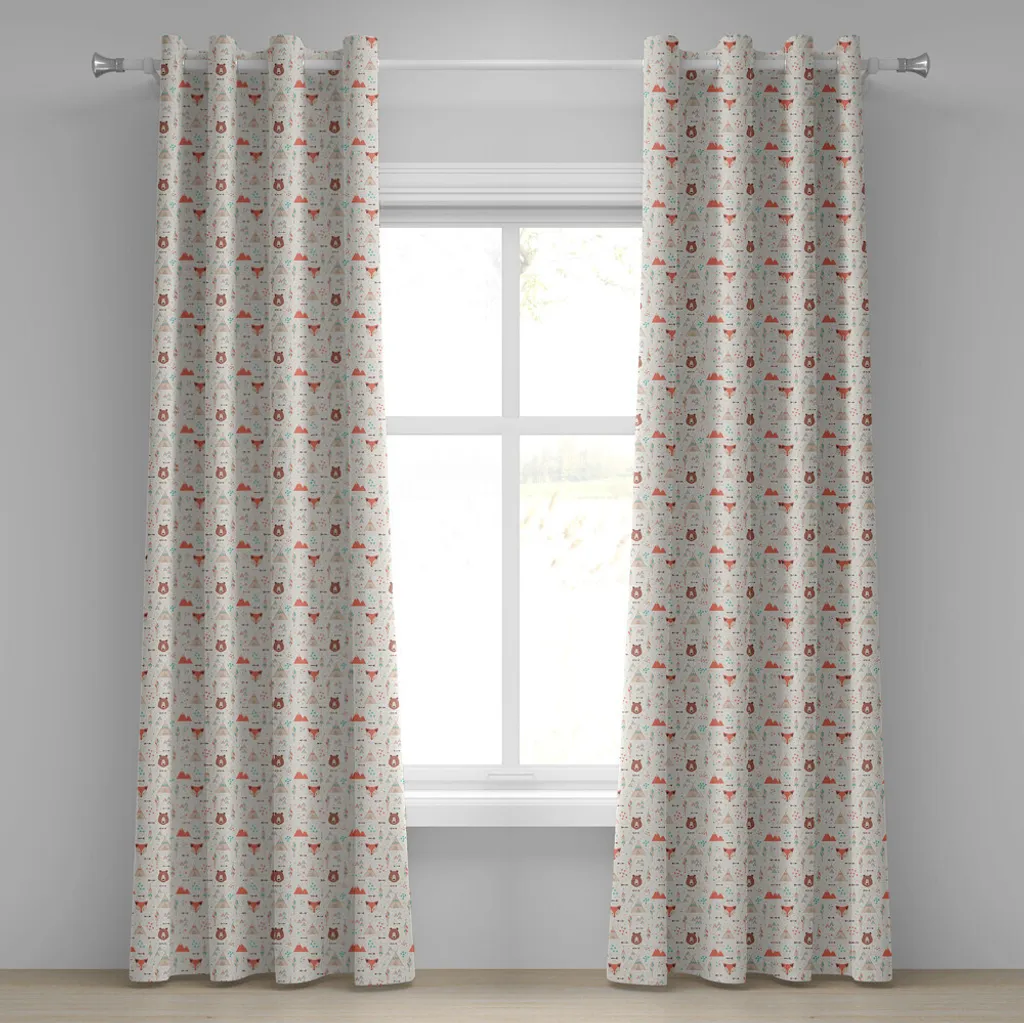 ABAKUHAUS Tenda tribale con occhielli, stile cartoon modernizzato, animali della giungla tribale, volpe, orso, tenda, tende decorative a 2 pannelli per finestre, 280 cm x 225 cm, salmone, giallo, bianco