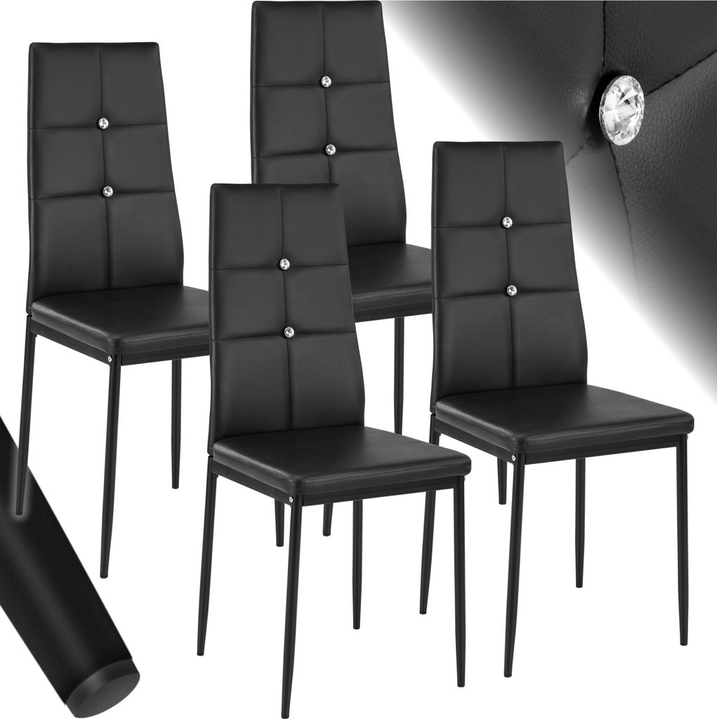 Four black dining chairs are arranged in a group on a white and gray background.