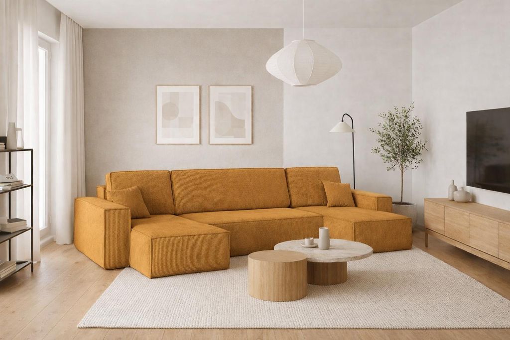 Kaiser Möbel Ecksofa mit schlaffunktion und bettkasten, Sofa U-form, Couch U-form BEST Dicker Cord Poso Senffarbe