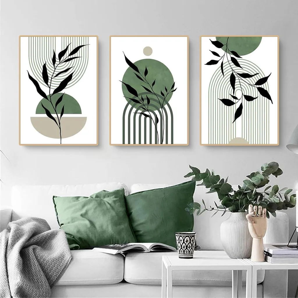 Lot de 3 posters Premium Feuilles Vertes pour Tableaux Muraux de Salon