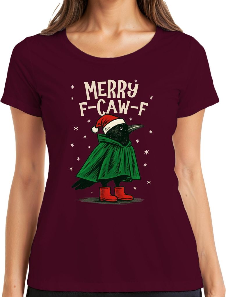 Merry F Caw F Krähe Weihnachten lustig Santa Hut Retro Damen T-Shirt, Burgundy, XXL