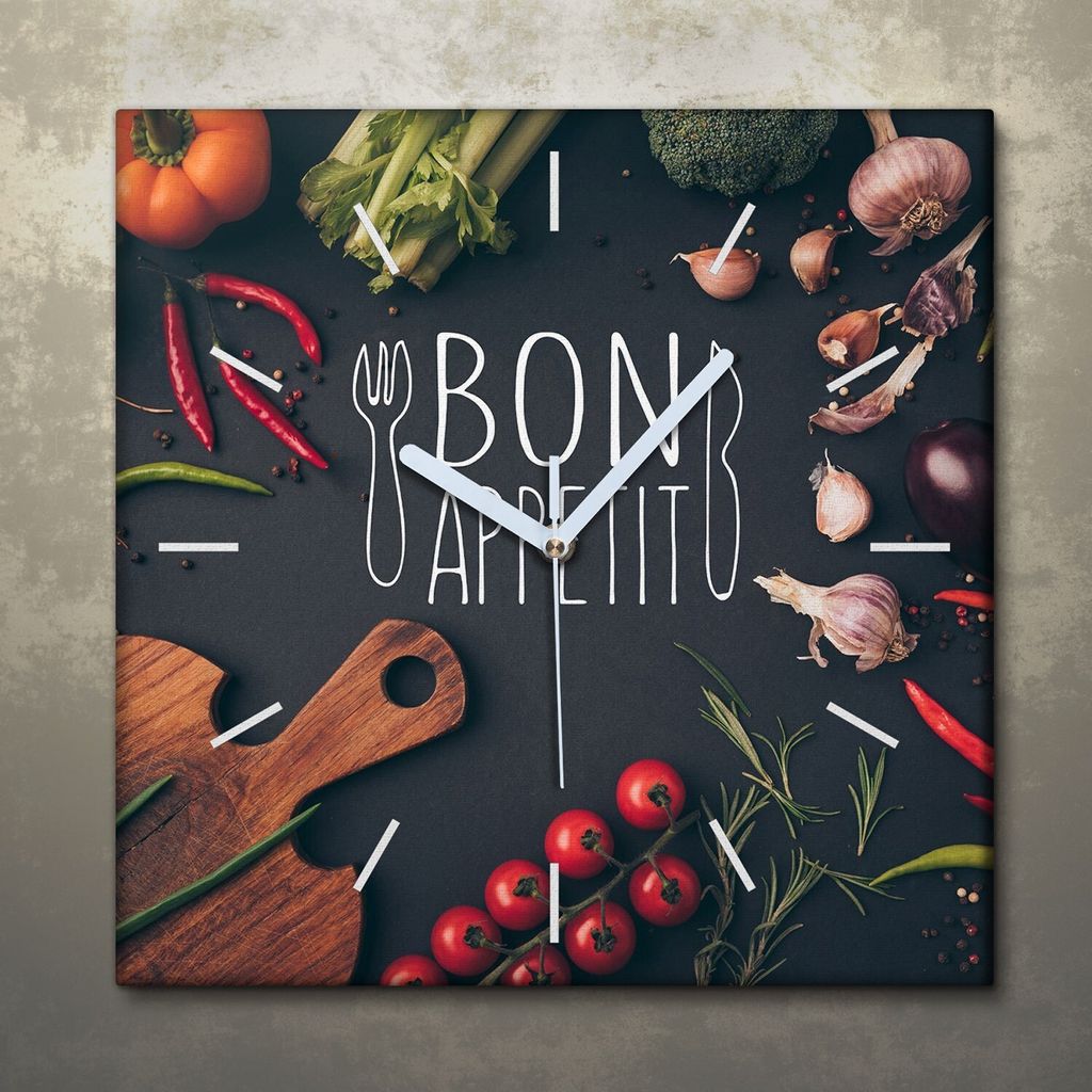 Wohnzimmer Leinwand Uhr Geräuschlos Küche 30x30 Restaurant, Motive, Bon Appetit, Textur, weiße Zeiger