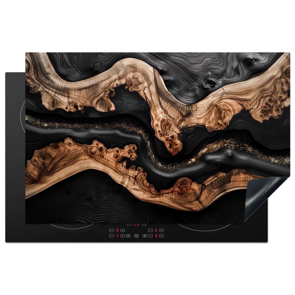KitchenYeah Herdabdeckplatte Schwarz - Braun - Holzmotiv , 80x52cm, Küche Deko, Glaskeramikkochfeld Herdabdeckung, Abdeckplatte fùr Kochfeld