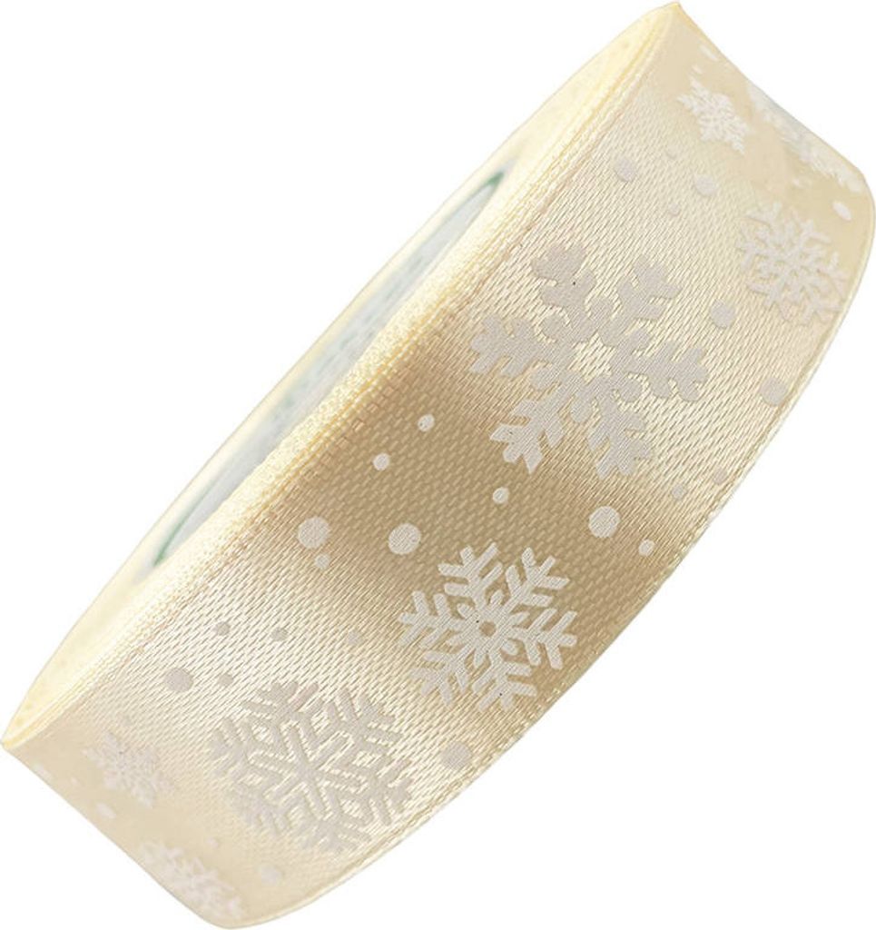 Cremefarbenes Satinband mit Schneeflocken 25mm x 23m