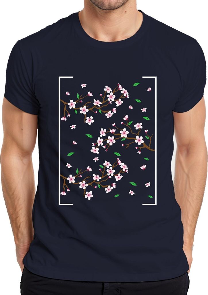 Kirschblüten Sakura Zweige Frühling Japanisch Blütenmuster Stil Herren T-Shirt, Navy, M